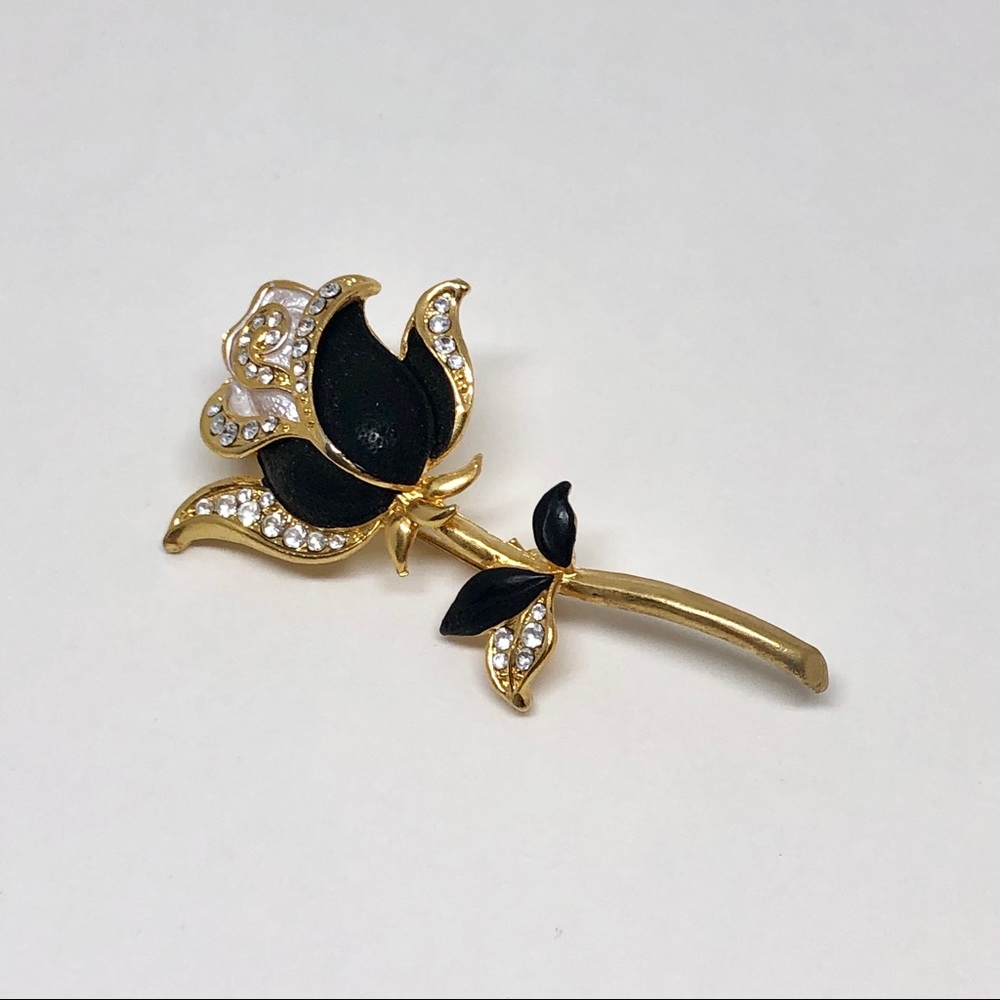 Black Rose Brooch w/Gold, Rhinestone Accents